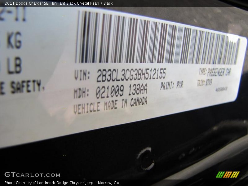 Brilliant Black Crystal Pearl / Black 2011 Dodge Charger SE