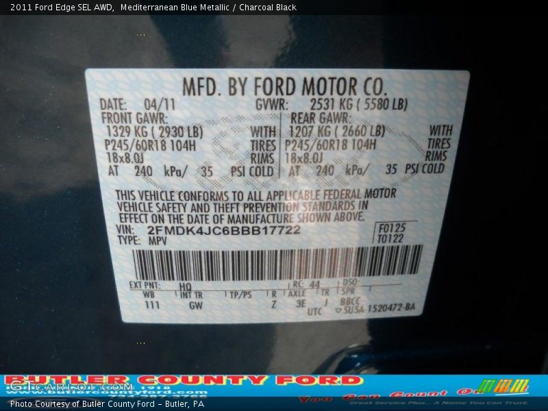Mediterranean Blue Metallic / Charcoal Black 2011 Ford Edge SEL AWD