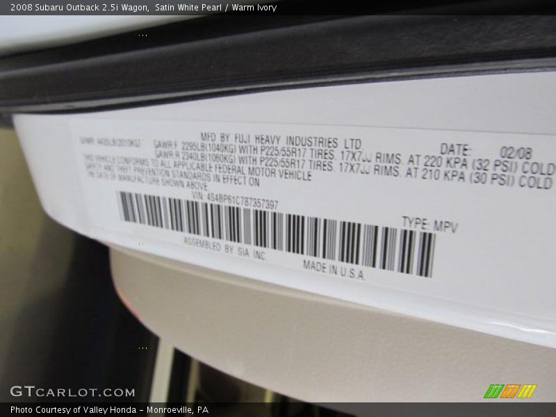 Satin White Pearl / Warm Ivory 2008 Subaru Outback 2.5i Wagon