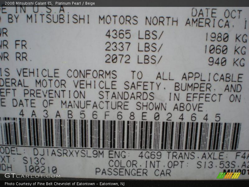 Platinum Pearl / Beige 2008 Mitsubishi Galant ES