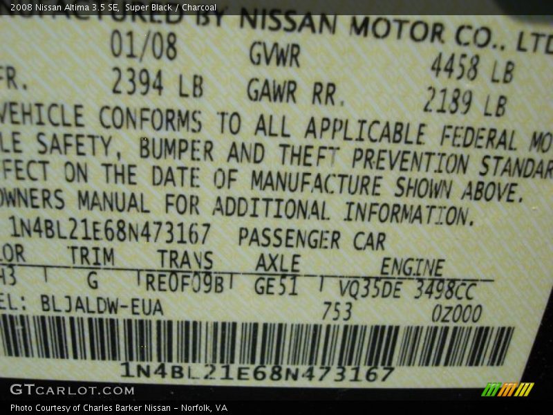 Super Black / Charcoal 2008 Nissan Altima 3.5 SE