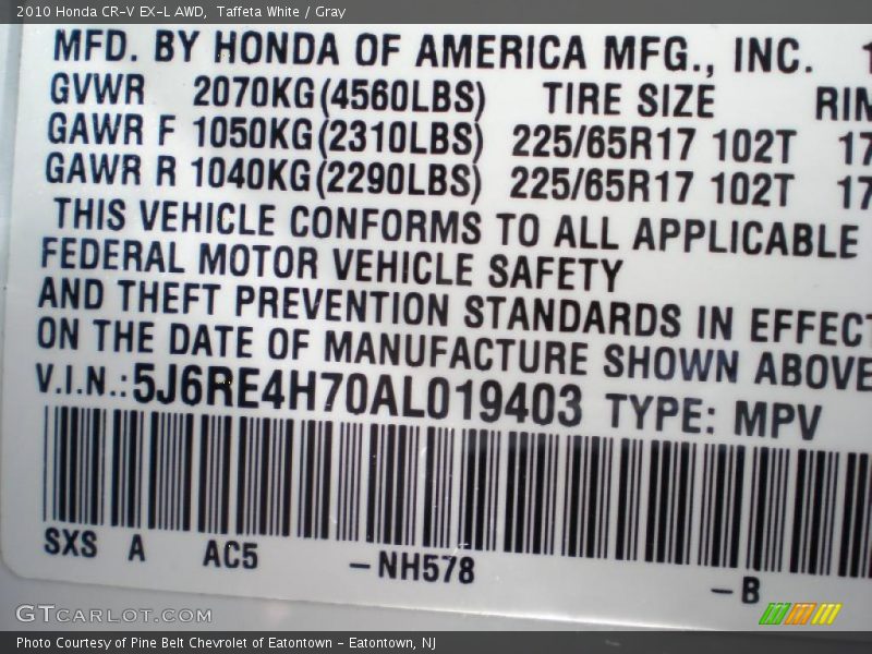Taffeta White / Gray 2010 Honda CR-V EX-L AWD