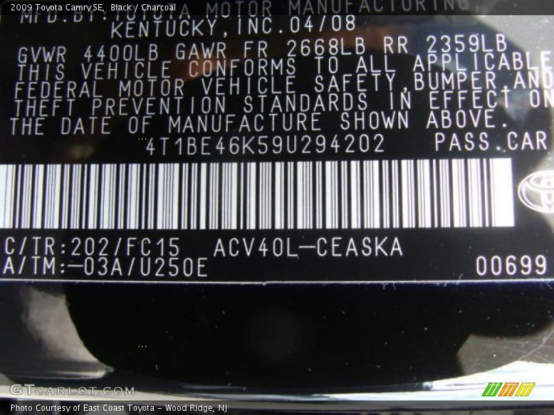 Black / Charcoal 2009 Toyota Camry SE