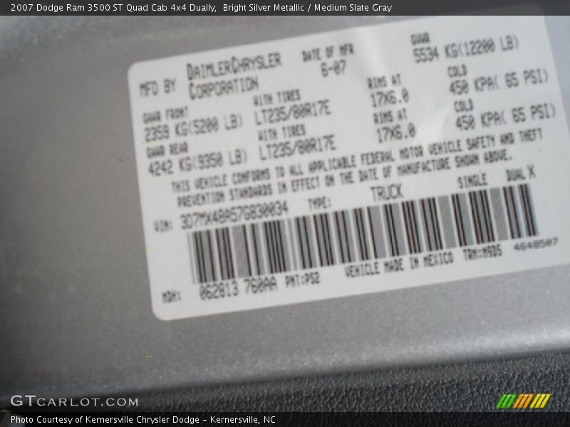Bright Silver Metallic / Medium Slate Gray 2007 Dodge Ram 3500 ST Quad Cab 4x4 Dually