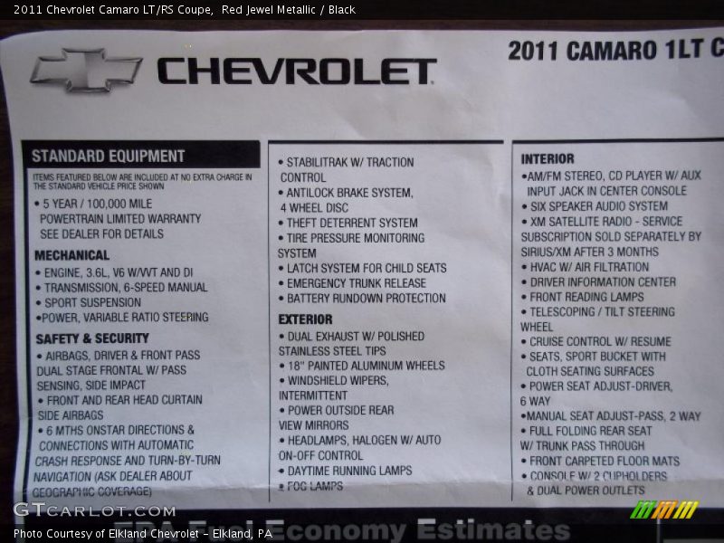  2011 Camaro LT/RS Coupe Window Sticker