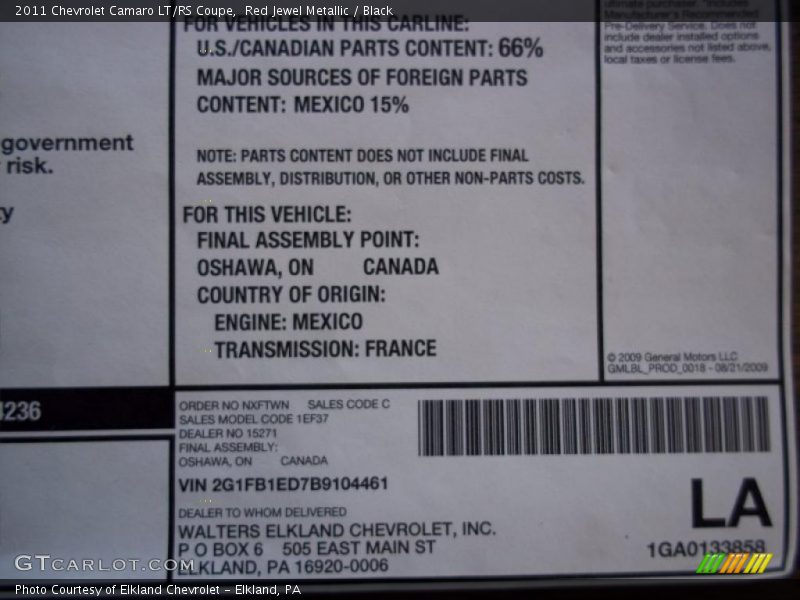  2011 Camaro LT/RS Coupe Window Sticker