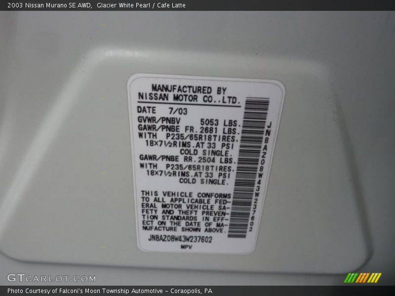 Glacier White Pearl / Cafe Latte 2003 Nissan Murano SE AWD