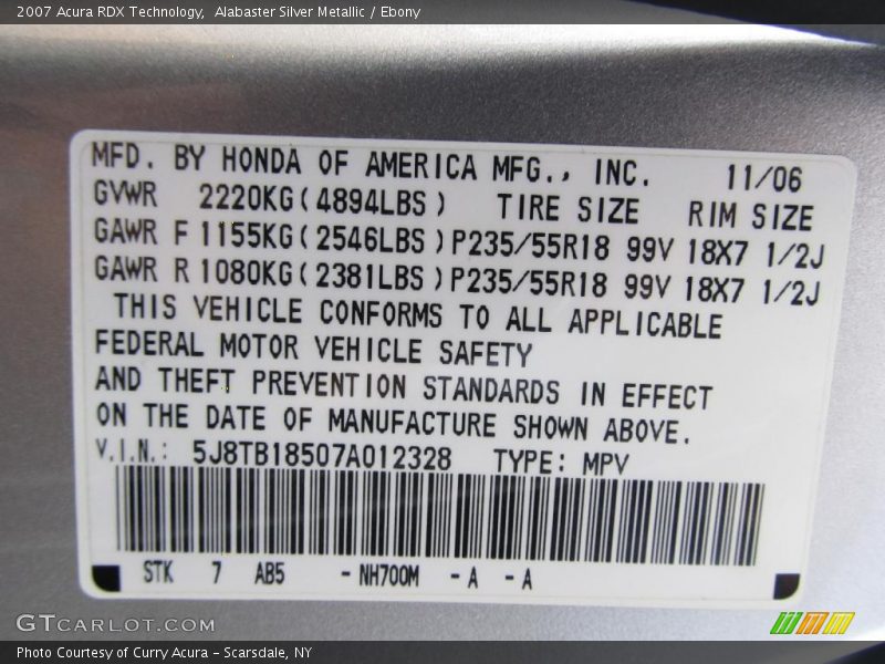 Alabaster Silver Metallic / Ebony 2007 Acura RDX Technology