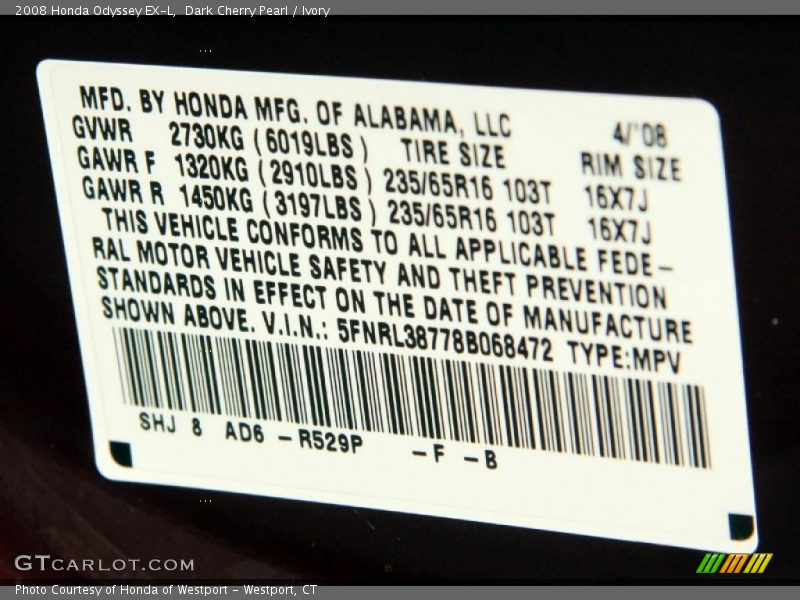 Dark Cherry Pearl / Ivory 2008 Honda Odyssey EX-L