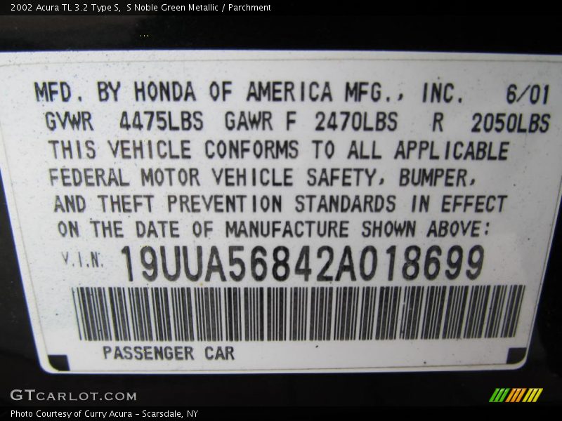 S Noble Green Metallic / Parchment 2002 Acura TL 3.2 Type S