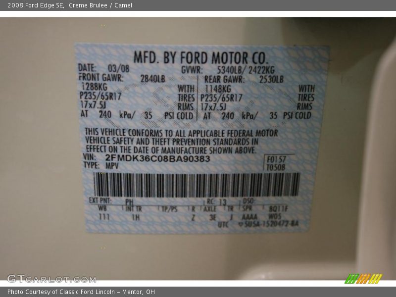 Creme Brulee / Camel 2008 Ford Edge SE