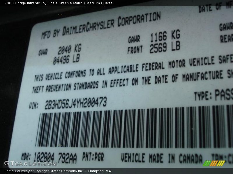 Shale Green Metallic / Medium Quartz 2000 Dodge Intrepid ES