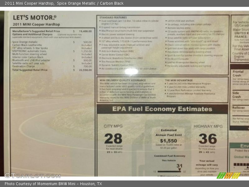  2011 Cooper Hardtop Window Sticker