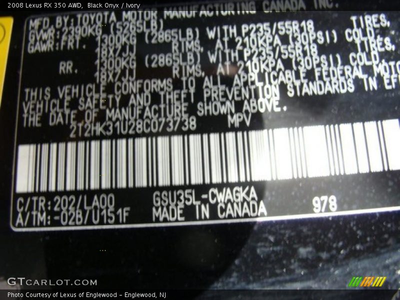 Black Onyx / Ivory 2008 Lexus RX 350 AWD