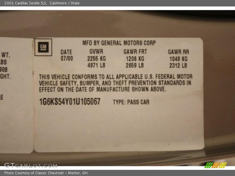Info Tag of 2001 Seville SLS