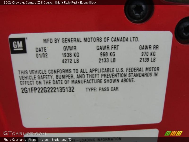 Info Tag of 2002 Camaro Z28 Coupe