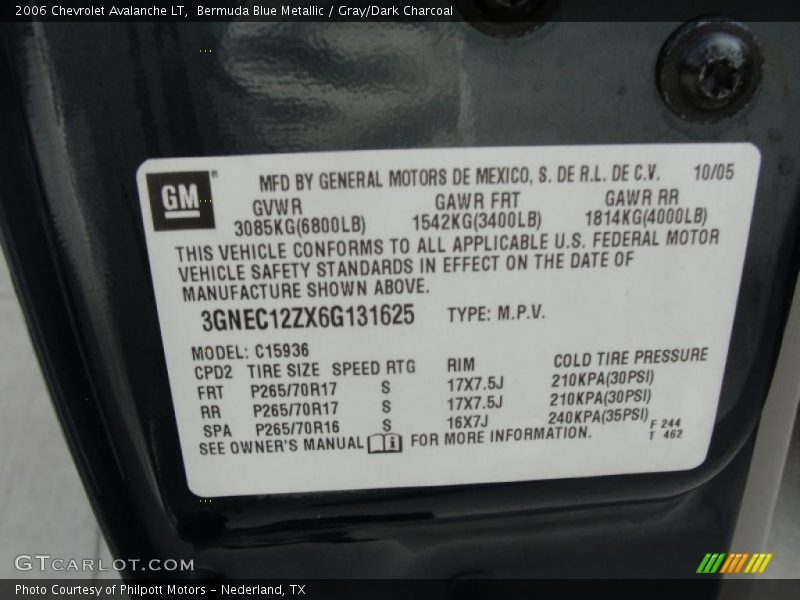 Info Tag of 2006 Avalanche LT