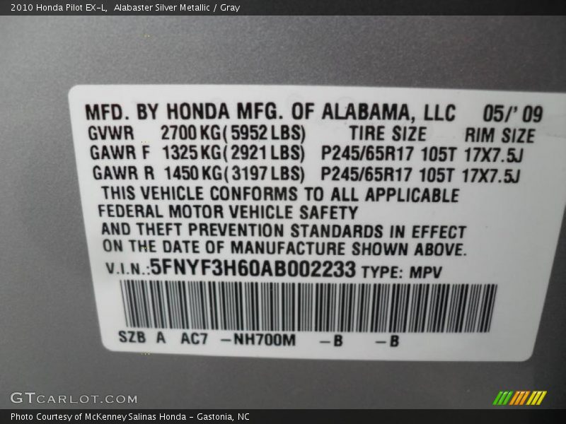2010 Pilot EX-L Alabaster Silver Metallic Color Code NH700M