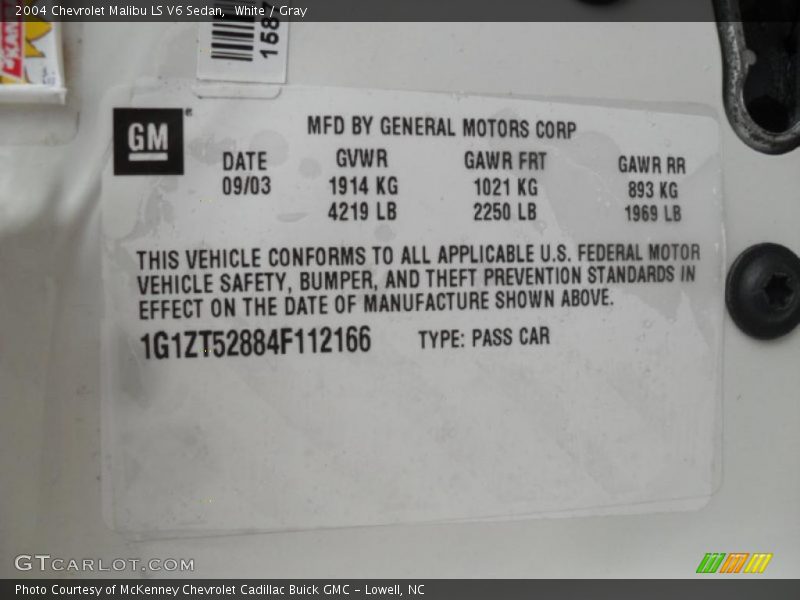 Info Tag of 2004 Malibu LS V6 Sedan