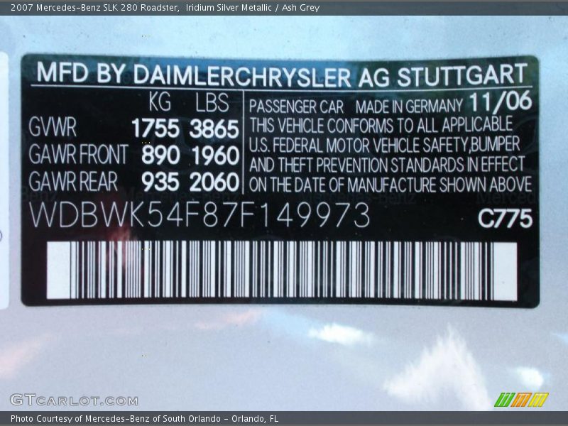 2007 SLK 280 Roadster Iridium Silver Metallic Color Code 775