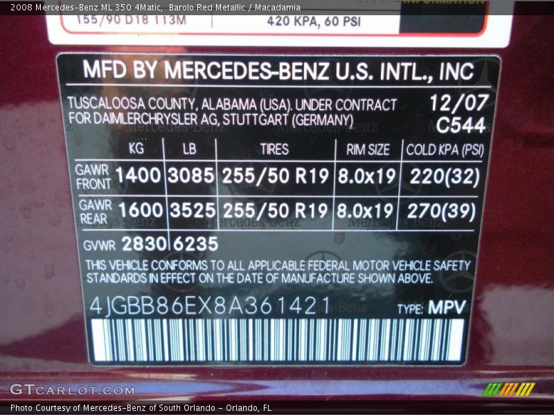 2008 ML 350 4Matic Barolo Red Metallic Color Code 544