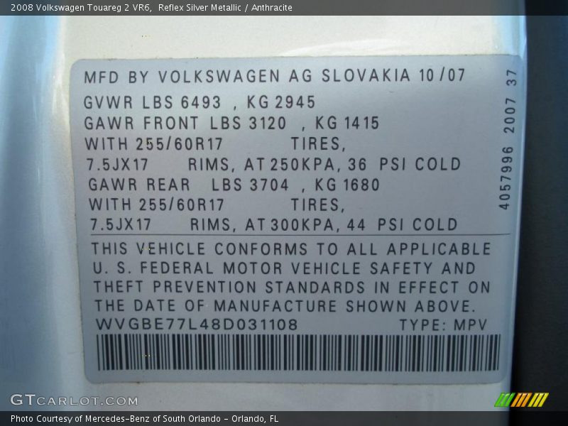 Reflex Silver Metallic / Anthracite 2008 Volkswagen Touareg 2 VR6