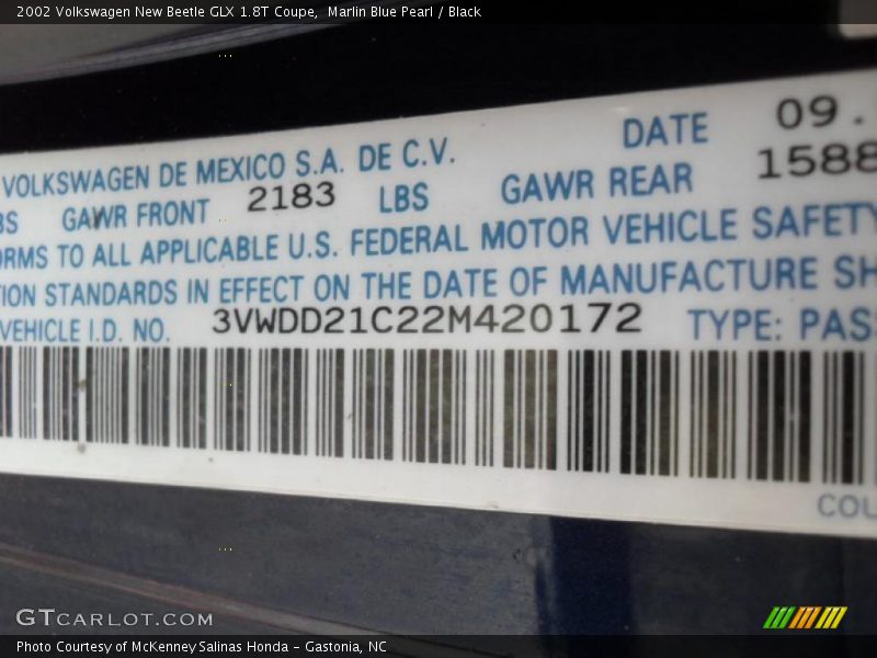 Marlin Blue Pearl / Black 2002 Volkswagen New Beetle GLX 1.8T Coupe