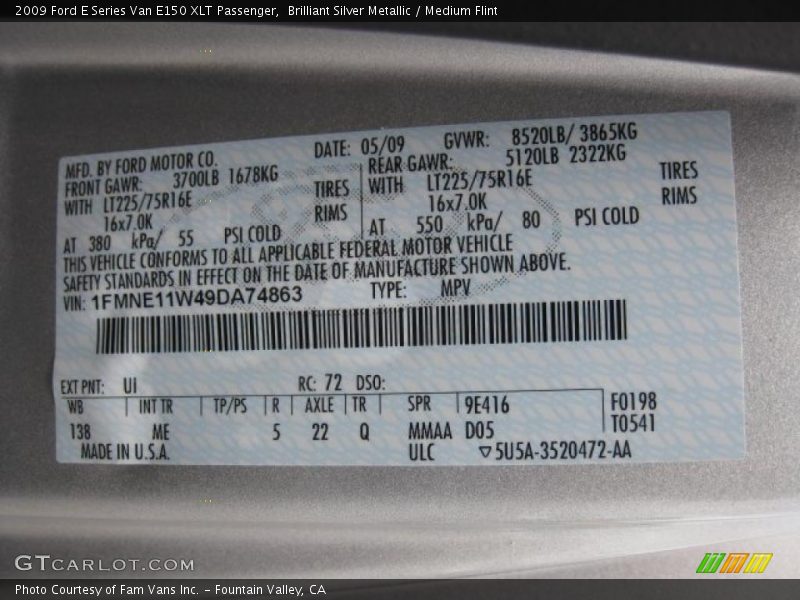 2009 E Series Van E150 XLT Passenger Brilliant Silver Metallic Color Code UI