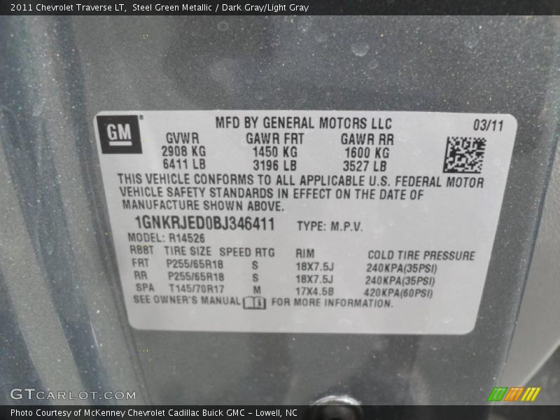 Steel Green Metallic / Dark Gray/Light Gray 2011 Chevrolet Traverse LT