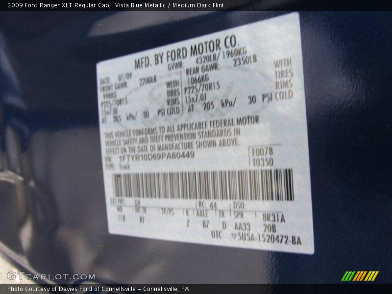 Vista Blue Metallic / Medium Dark Flint 2009 Ford Ranger XLT Regular Cab