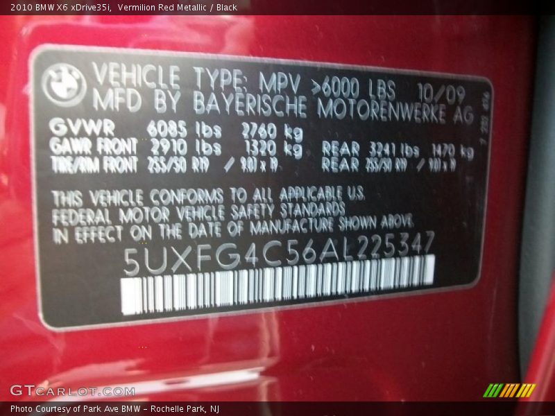 Vermilion Red Metallic / Black 2010 BMW X6 xDrive35i