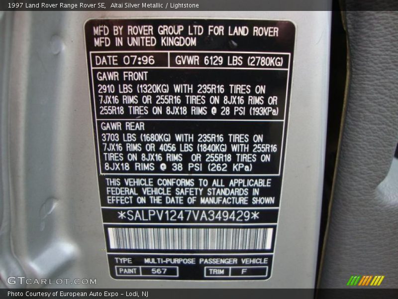 1997 Range Rover SE Altai Silver Metallic Color Code 567