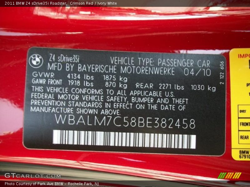 Info Tag of 2011 Z4 sDrive35i Roadster
