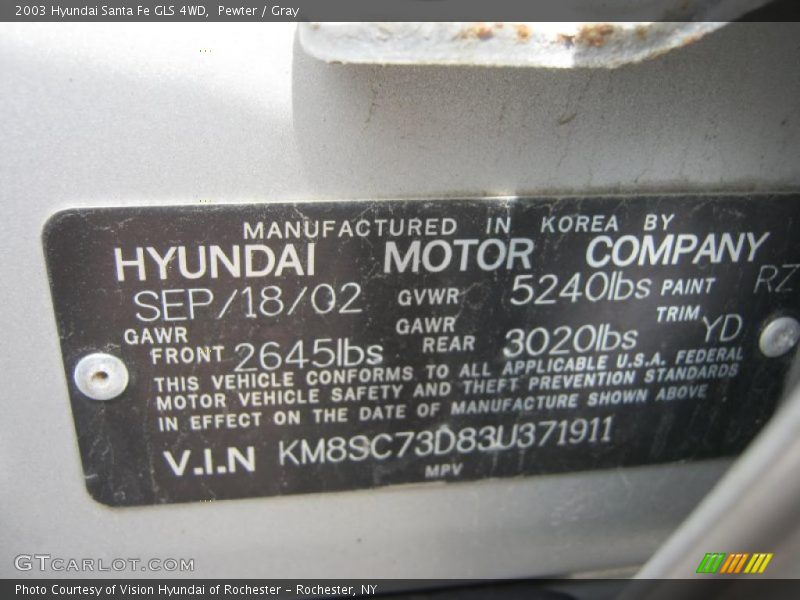 2003 Santa Fe GLS 4WD Pewter Color Code RZ