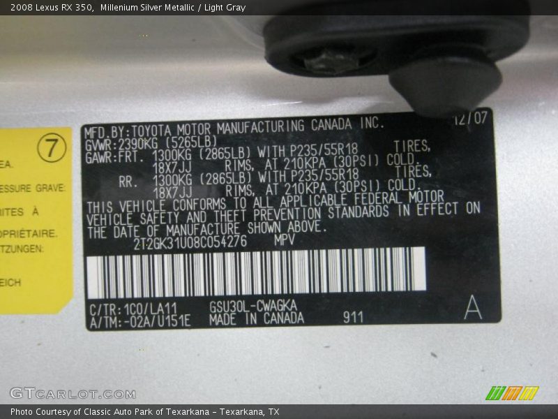 Millenium Silver Metallic / Light Gray 2008 Lexus RX 350