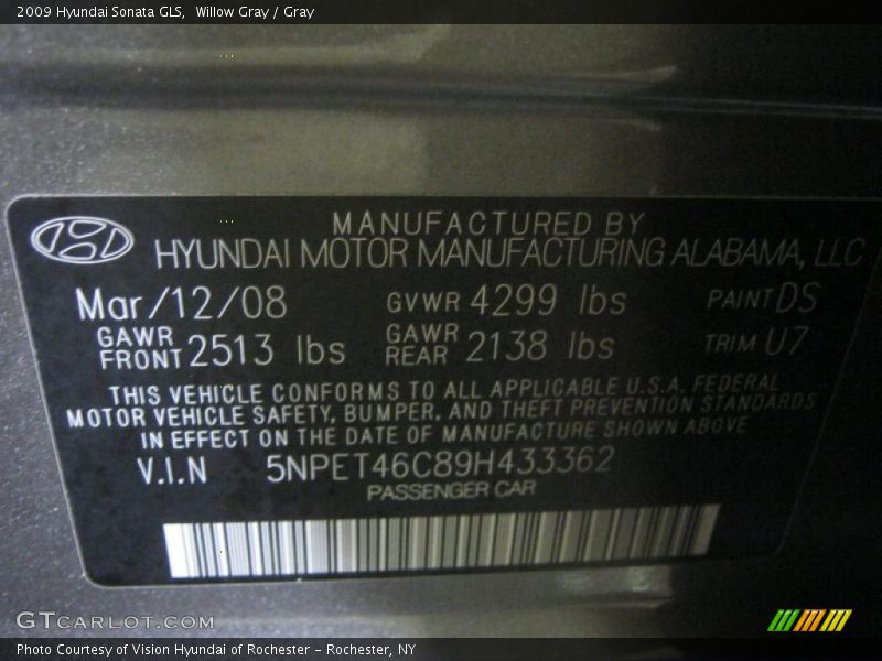 Willow Gray / Gray 2009 Hyundai Sonata GLS