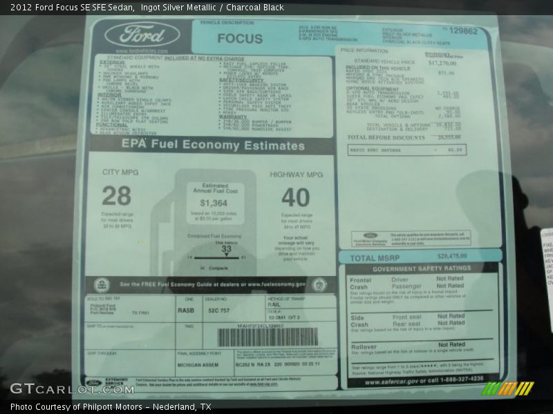  2012 Focus SE SFE Sedan Window Sticker