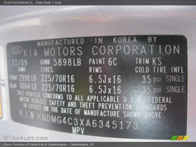 Clear Silver / Gray 2010 Kia Sedona LX