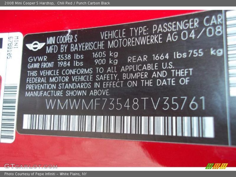 Info Tag of 2008 Cooper S Hardtop