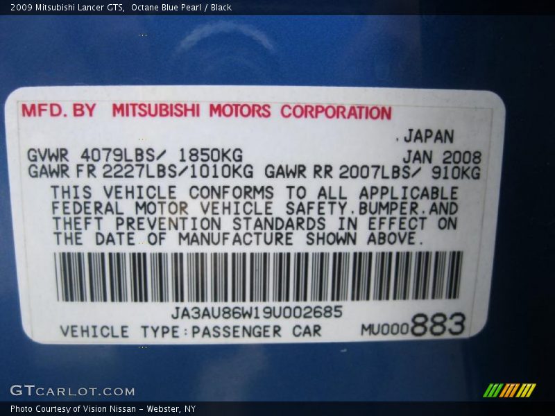 Octane Blue Pearl / Black 2009 Mitsubishi Lancer GTS