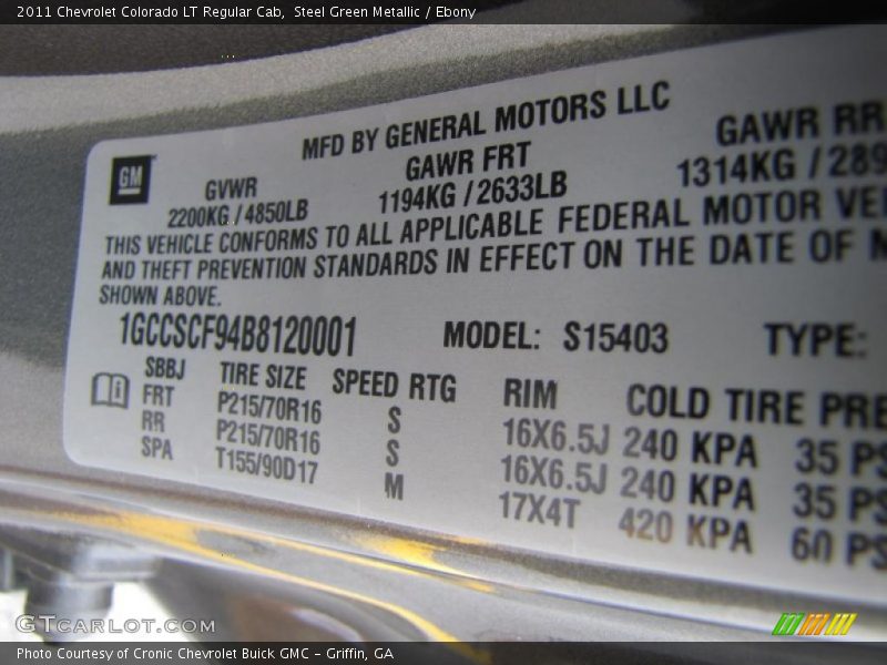 Steel Green Metallic / Ebony 2011 Chevrolet Colorado LT Regular Cab