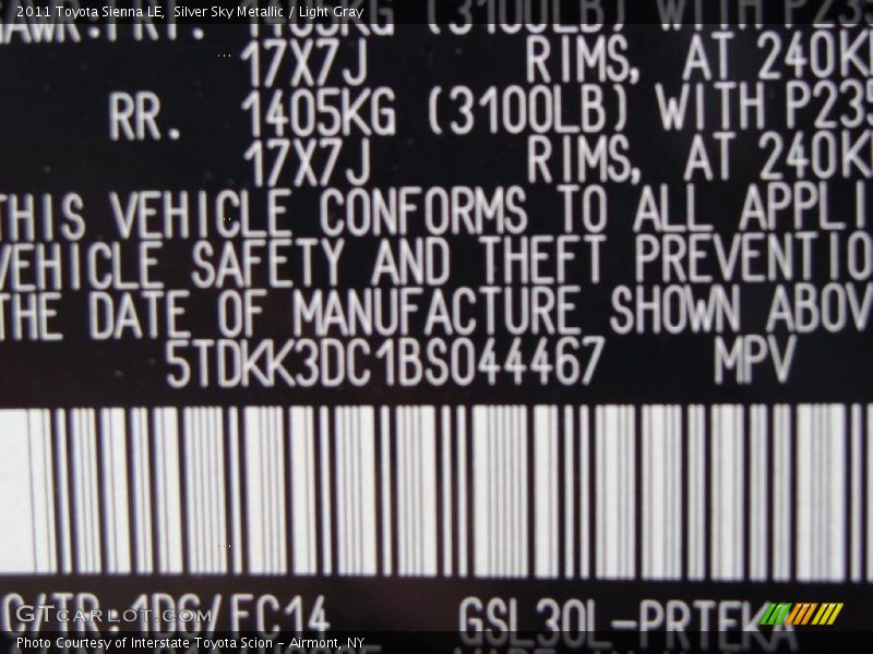 Silver Sky Metallic / Light Gray 2011 Toyota Sienna LE