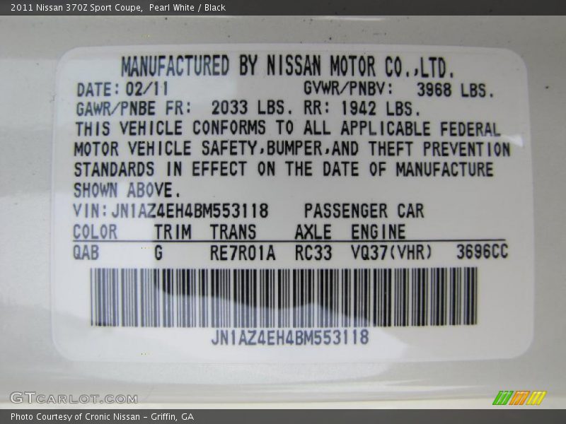 2011 370Z Sport Coupe Pearl White Color Code QAB
