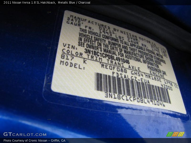 2011 Versa 1.8 SL Hatchback Metallic Blue Color Code B17