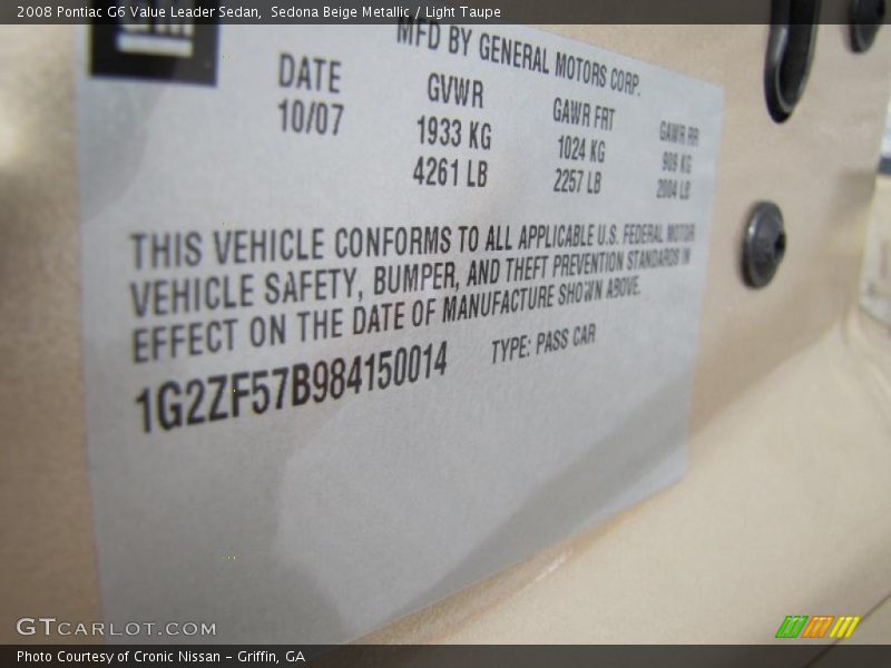 Sedona Beige Metallic / Light Taupe 2008 Pontiac G6 Value Leader Sedan