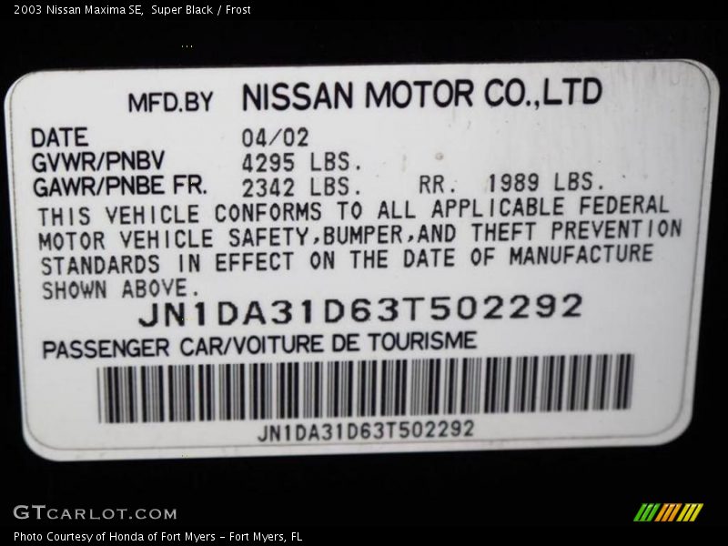 Super Black / Frost 2003 Nissan Maxima SE