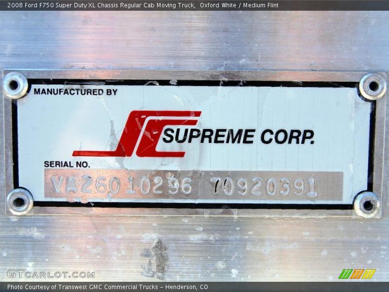 Oxford White / Medium Flint 2008 Ford F750 Super Duty XL Chassis Regular Cab Moving Truck