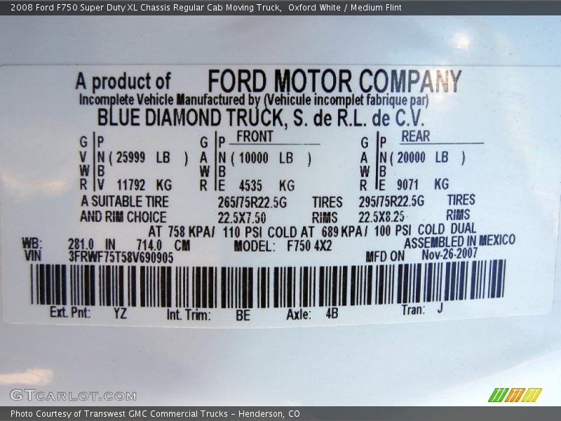 2008 F750 Super Duty XL Chassis Regular Cab Moving Truck Oxford White Color Code YZ