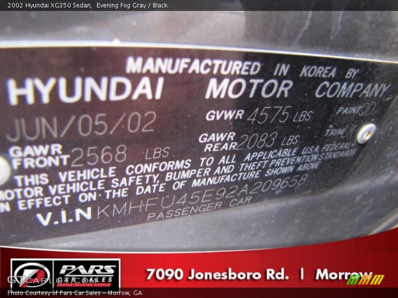 Evening Fog Gray / Black 2002 Hyundai XG350 Sedan