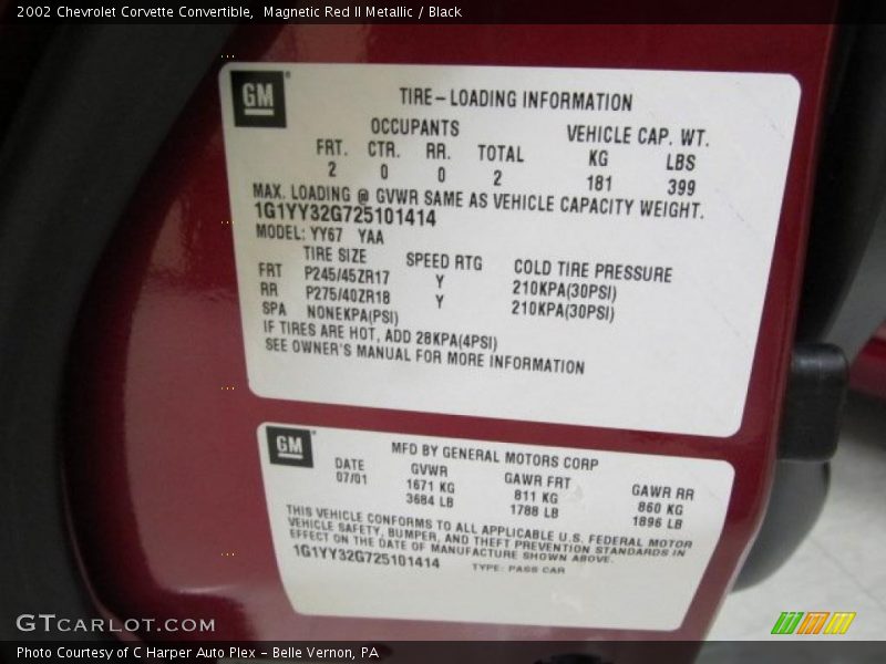 Info Tag of 2002 Corvette Convertible